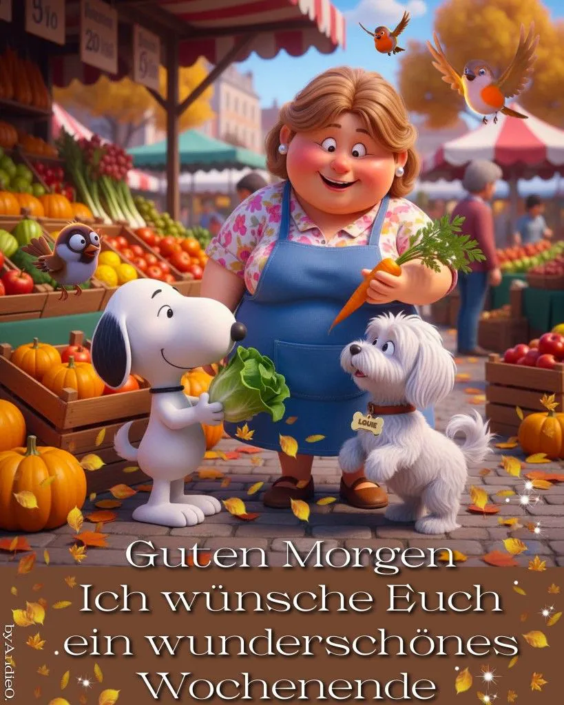 Ein fröhlicher Wochenendgruß: Eine lachende Marktfrau mit Karotte, umgeben von einem Snoopy-ähnlichen und einem weißen Hund, bunten Kürbissen und Herbstlaub auf einem lebhaften Markt. Vögel fliegen am sonnigen Himmel.