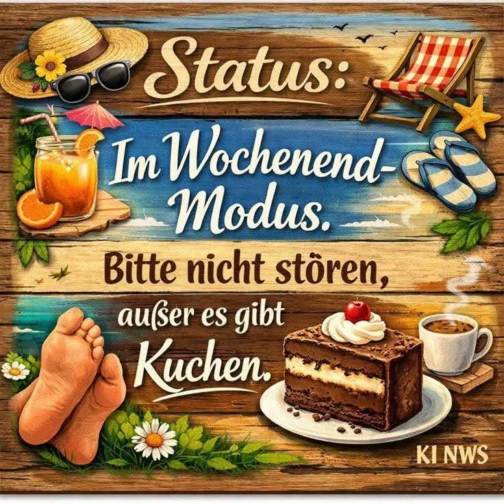 Illustriertes Holzbrett-Bild: "Status: Im Wochenend-Modus. Bitte nicht stören, außer es gibt Kuchen." Zeigt Strohhut, Cocktail, Strandstuhl, Flip-Flops, entspannte Füße, Schokoladenkuchen und Kaffee. Eine fröhliche, sommerliche Botschaft der puren Wochenend-Entspannung.