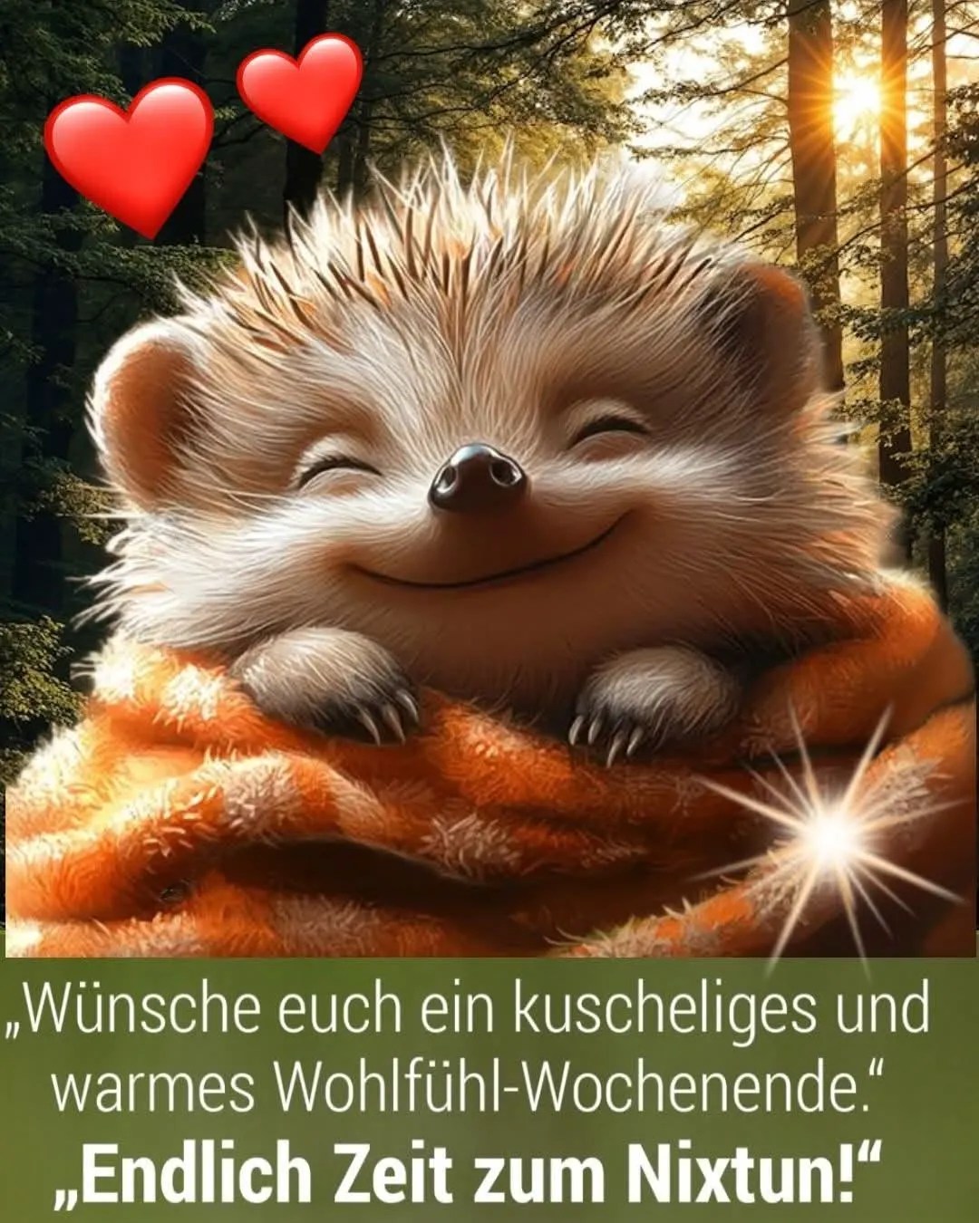 Ein super niedlicher, lächelnder Igel mit geschlossenen Augen, eingewickelt in eine warme orange-weiß gestreifte Decke. Im Hintergrund scheint die goldene Abendsonne durch grüne Bäume und sorgt für eine gemütliche, entspannte Stimmung.