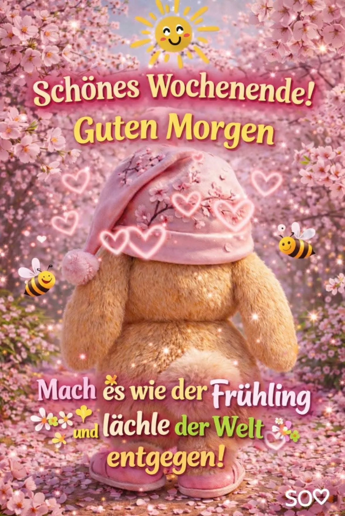 Ein kuscheliger Teddybär mit rosa Schlafmütze steht in einem Meer aus Kirschblüten. Lächelnde Bienen, eine Sonne und leuchtende Herzen schaffen eine zauberhafte, frühlingshafte Stimmung voller Zärtlichkeit und Freude.
