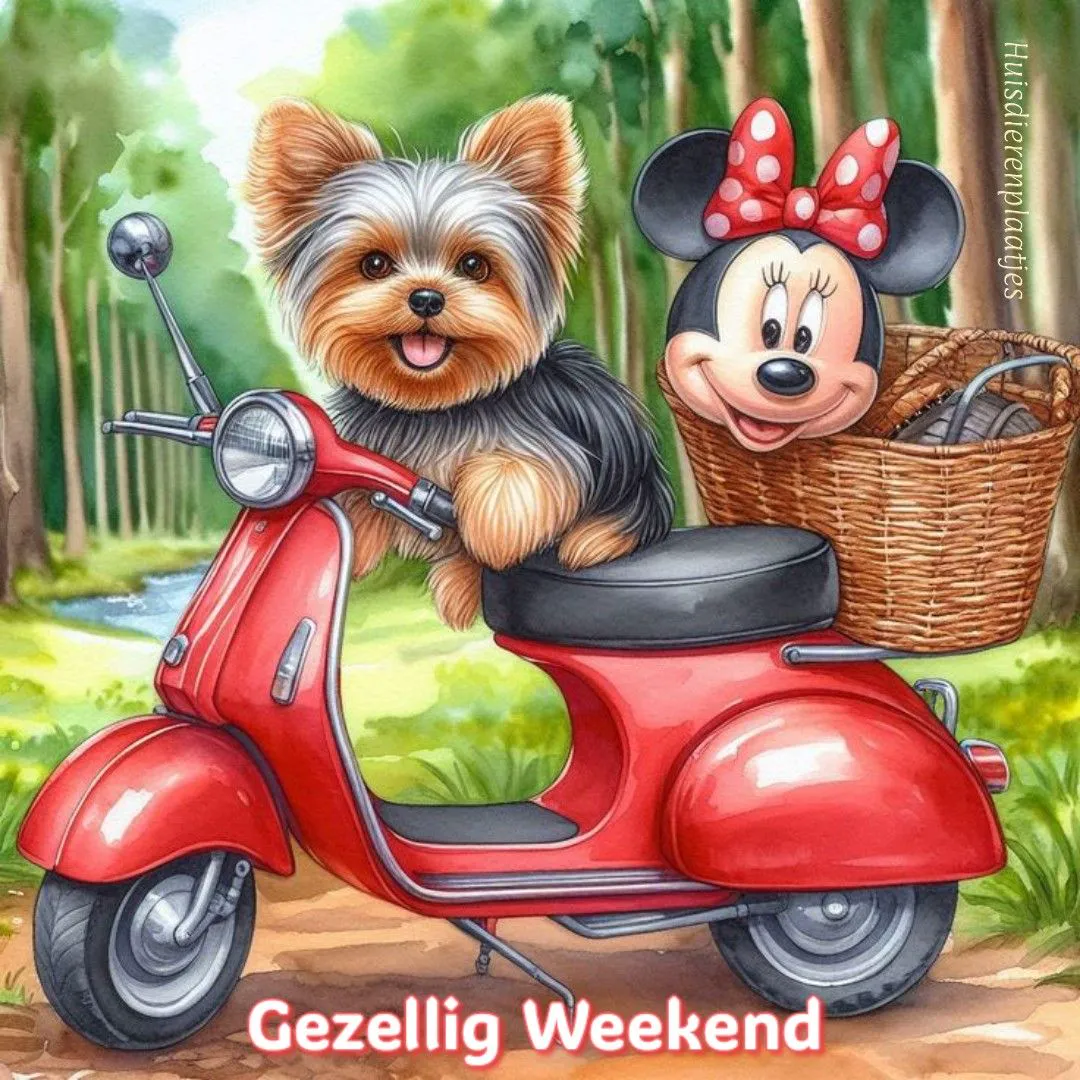 Ein süßer Yorkshire Terrier lächelt fröhlich auf einem roten Roller, daneben eine Minnie Maus Figur in einem Korb, auf einem Waldweg, inmitten grüner Bäume, für ein gemütliches Wochenende.