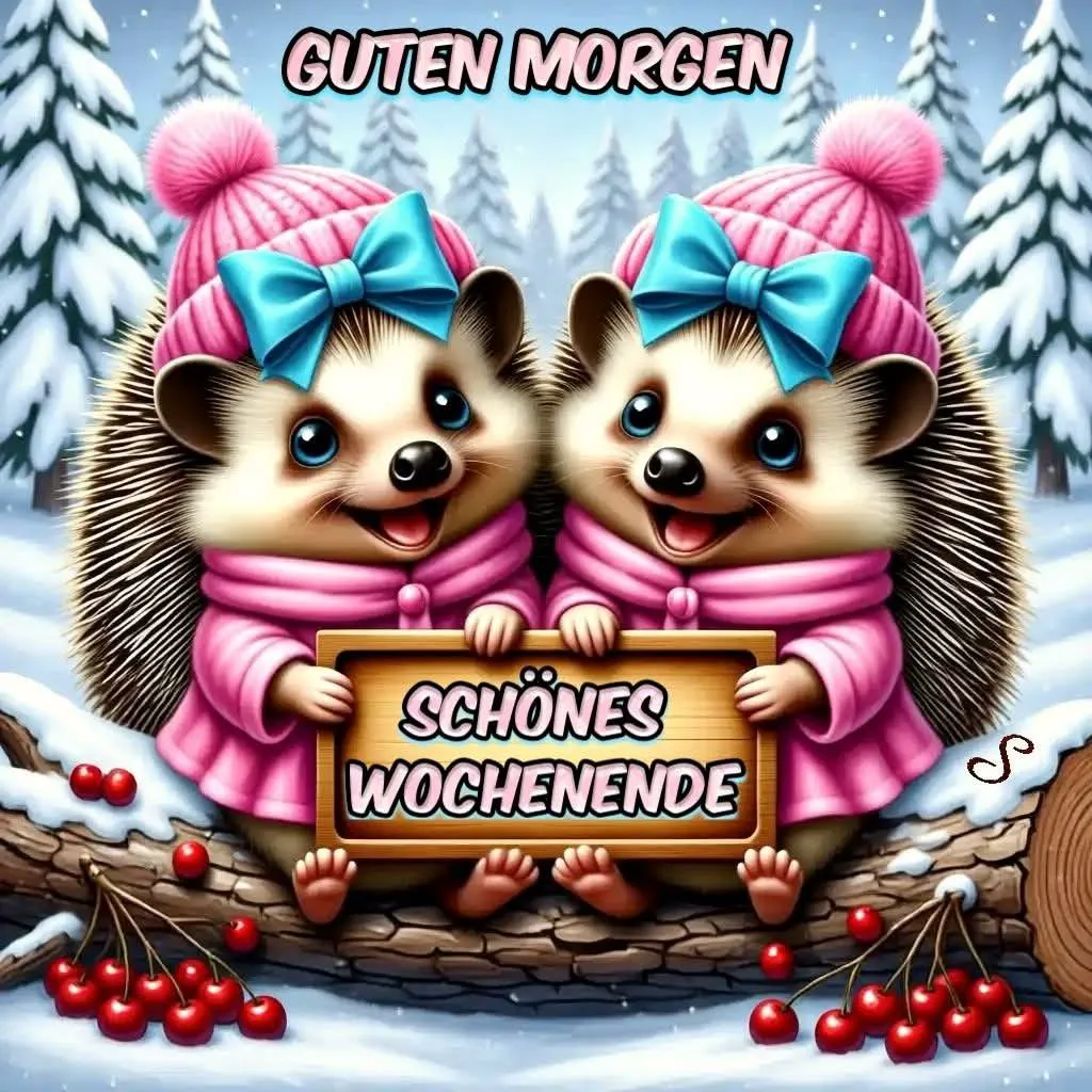 Zwei niedliche, lachende Igel in pinken Mützen und Mäntelchen halten ein Holzschild mit 'Schönes Wochenende'. Sie sitzen auf einem schneebedeckten Baumstamm vor winterlicher Waldkulisse mit roten Beeren. Ein fröhlicher Morgengruß zum Teilen.