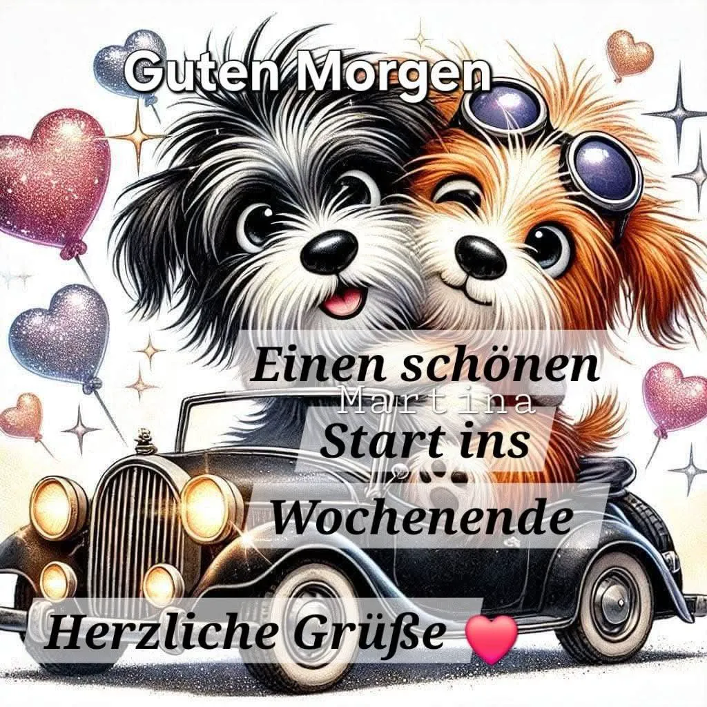 Zwei niedliche Cartoon-Hunde, einer mit Fliegerbrille, fahren lächelnd in einem Oldtimer. Glitzernde Herzballons und funkelnde Sterne umgeben sie, was eine herzliche und romantische Wochenendstimmung schafft.