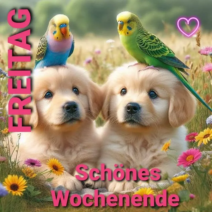Zwei goldene Welpen mit flauschigem Fell sitzen in einem sonnigen Wildblumenfeld. Auf ihren Köpfen hocken farbenfrohe Wellensittiche. Die Szene strahlt Gemütlichkeit und herzliche Wochenendfreude aus.