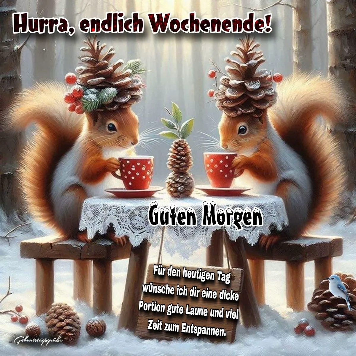 Two squirrels sitting at a wooden table in a snowy forest, each wearing a pinecone on their head, holding red cups with white polka dots, surrounded by snow, pinecones, and red berries.