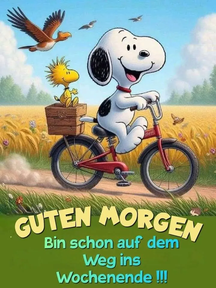 Snoopy fährt lachend Fahrrad mit Woodstock im Korb. Ein goldgelbes Feld und blauer Himmel bilden den Hintergrund. Fröhliche Stimmung zum Wochenende, begleitet von fliegenden Vögeln.