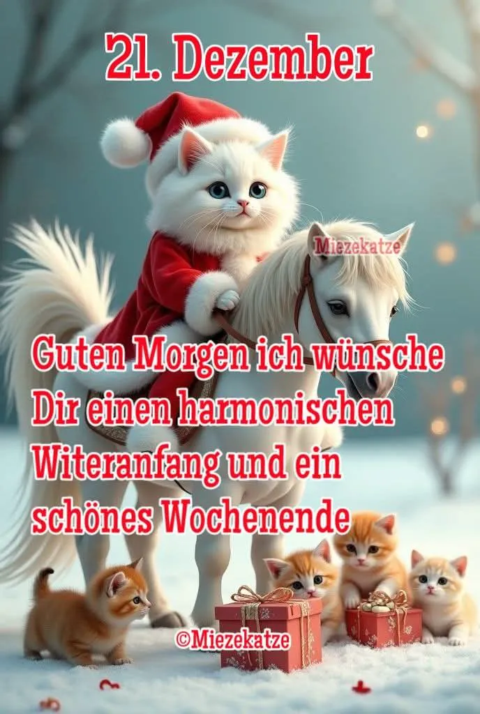 Eine flauschige weiße Katze in Weihnachtskleidung reitet auf einem kleinen weißen Pferd im Schnee. Vier niedliche Kätzchen mit Geschenken schauen zu, umgeben von einer friedlichen Winterlandschaft.