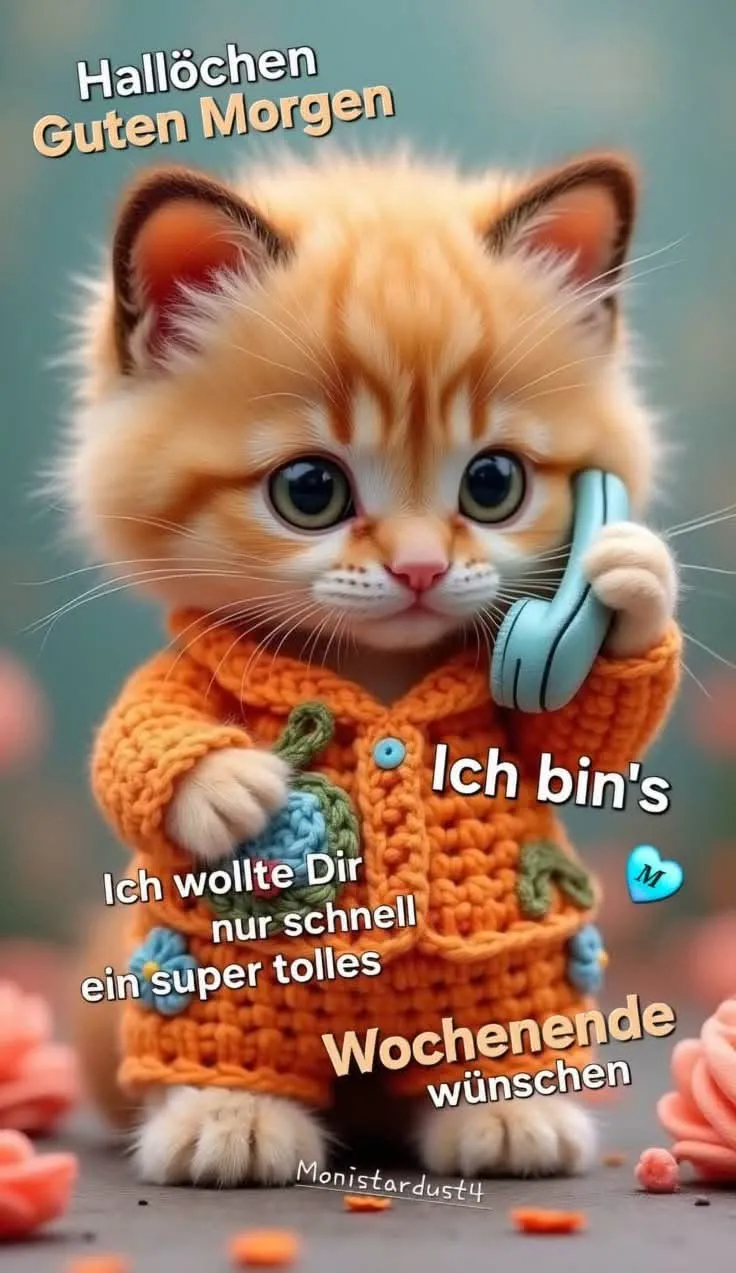 Ein niedliches orangefarbenes Kätzchen in einem orangefarbenen Pullover hält ein Telefon ans Ohr und lächelt. Das Kätzchen sitzt auf einem grauen Boden, umgeben von rosa Blumen.