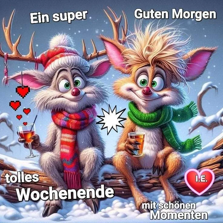 Zwei Cartoon Hirsche sitzen auf einem Baumstamm im Schnee, beide tragen Mützen und Schals. Der linke Hirsch ist grau mit rosa Ohren und hält ein Glas in der Hand, während der rechte Hirsch orange ist und auch ein Glas hält. Im Hintergrund fallen Schneeflocken.