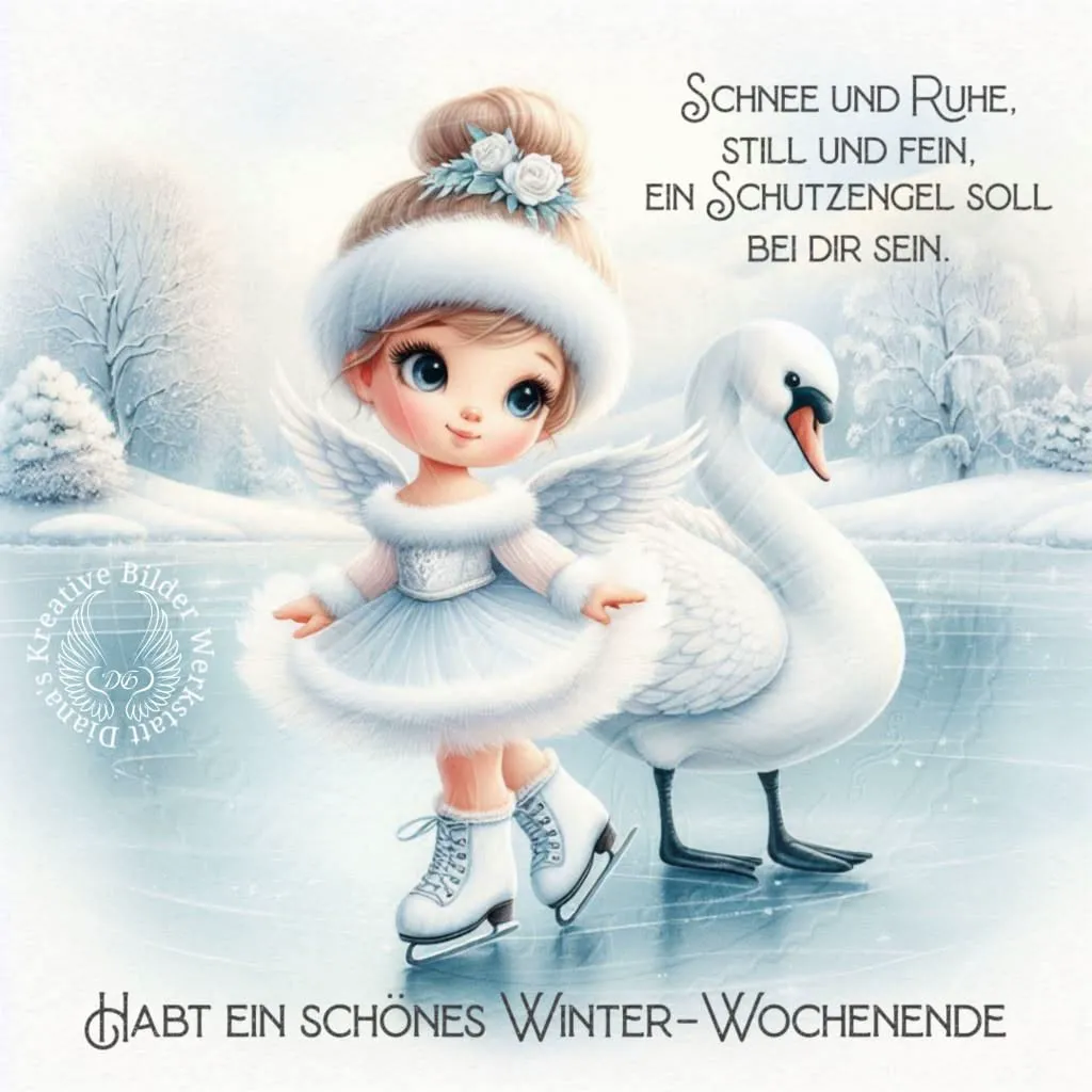 Ein kleines, niedliches Mädchen mit Engelsflügeln und Schwan auf einem gefrorenen See im Winter, umgeben von verschneiten Bäumen.