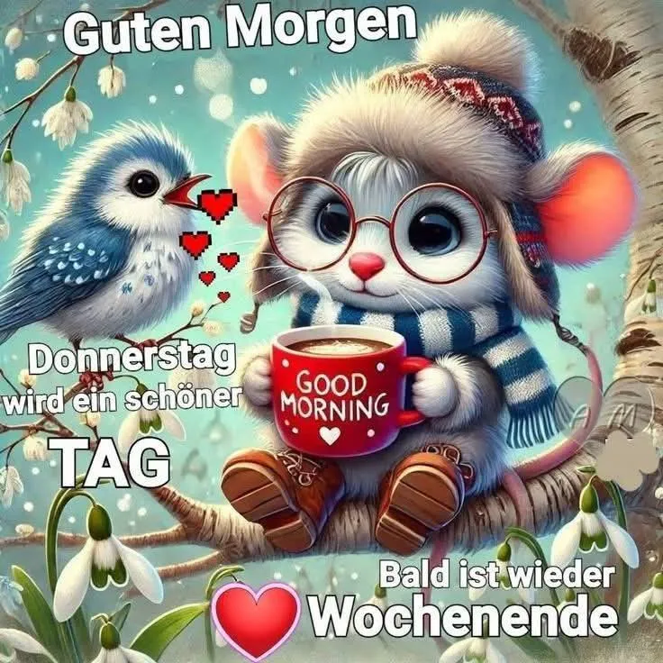 Ein flauschiges Mäuschen mit Brille und Wintermütze sitzt auf einem Ast, hält eine dampfende Tasse. Ein blauer Vogel sendet Herzen. Blühende Schneeglöckchen und sanfter Schnee umrahmen diese herzerwärmende Morgenstimmung mit Vorfreude auf das Wochenende.