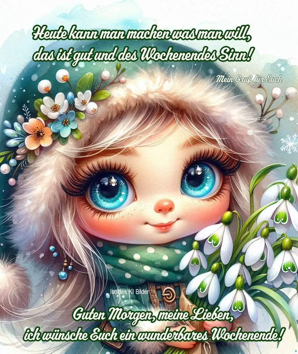 Niedliches Cartoon-Mädchen mit riesigen blauen Augen und blonden Haaren in flauschiger Wintermütze. Es lächelt sanft, hält einen Schneeglöckchen-Strauß vor diffusem, schneebedecktem Hintergrund. Warme, gemütliche Wochenendstimmung.