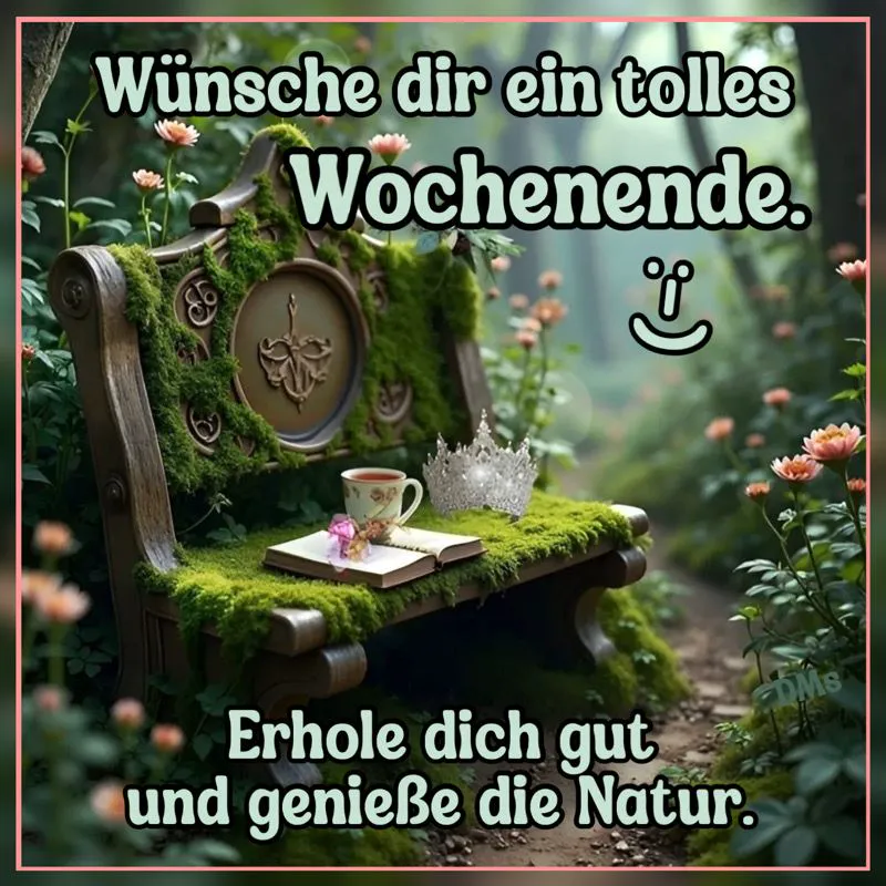 Ein moosbewachsener Holzbank steht inmitten eines verwunschenen Waldes, darauf ein aufgeschlagenes Buch, eine Teetasse und eine silberne Krone. Zarte, orangefarbene Blumen und üppiges grünes Laub umgeben die idyllische Szene, die Ruhe und Entspannung ausstrahlt.