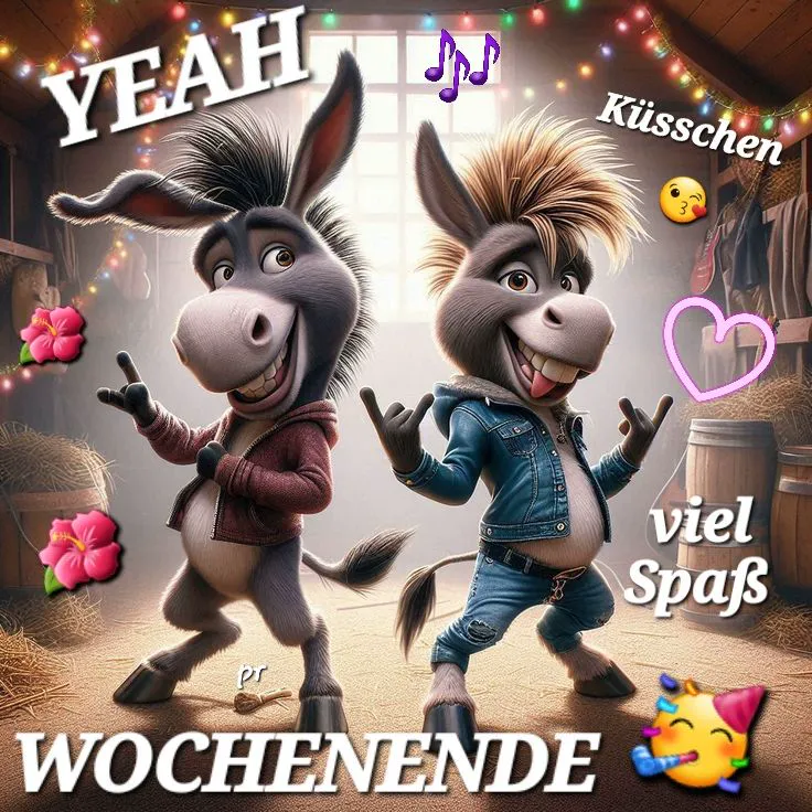 Zwei fröhliche Comic-Esel in rockiger Kleidung tanzen ausgelassen in einer mit Lichterketten geschmückten Scheune. Sie strahlen Freude aus und wünschen viel Spaß am Wochenende.
