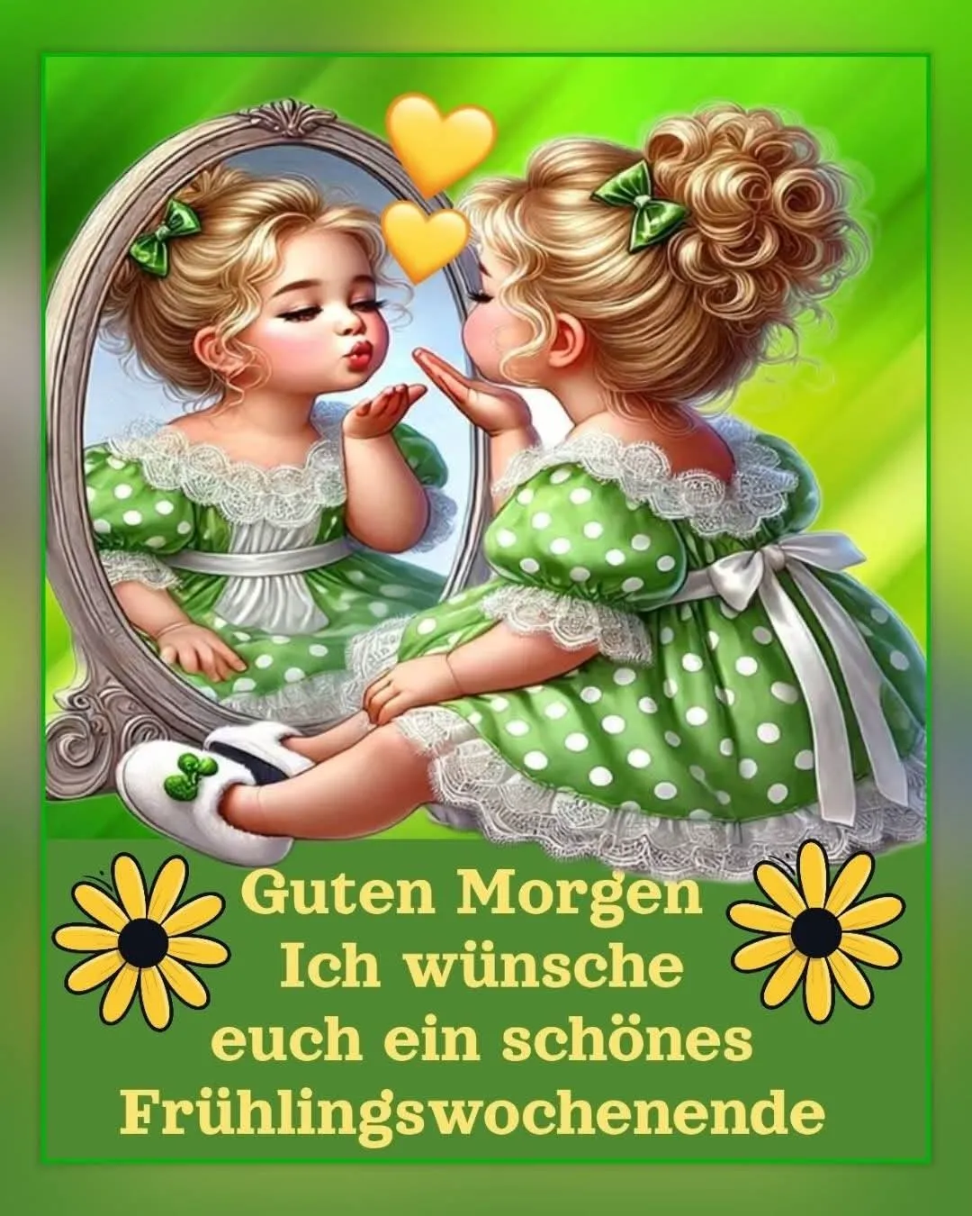 Eine bezaubernde Cartoon-Mädchenfigur in einem grünen Polka-Dot-Kleid spiegelt sich in einem verzierten Spiegel und sendet einen Kuss. Zwei gelbe Herzen schweben darüber, umgeben von einem lebhaften Frühlingsgrün und dekorativen Gänseblümchen.
