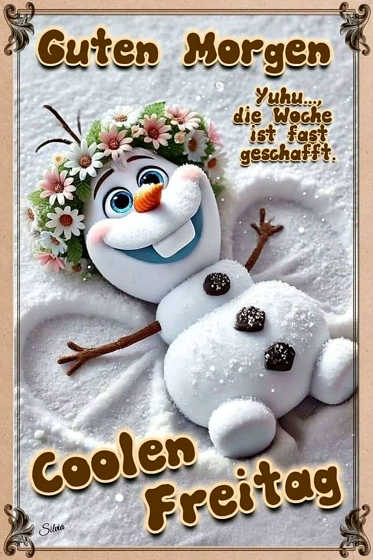 Ein lächelnder Schneemann mit Blumenkrone liegt auf dem Rücken im Schnee, daneben die Worte 'Guten Morgen' und 'Coolen Freitag', Frühlingsblumen