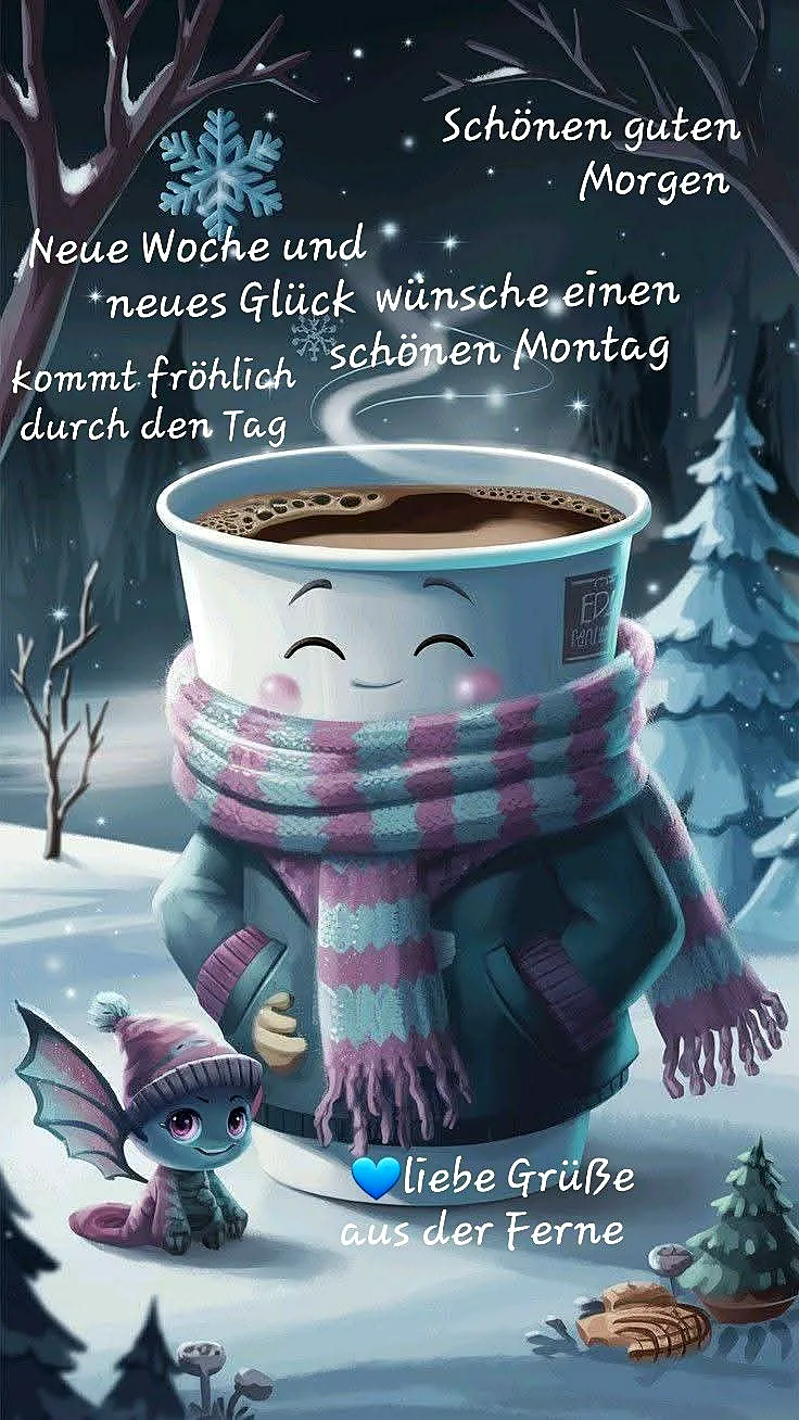 Ein süßer, lächelnder Kaffeebecher mit Schal und Winterjacke in verschneiter Landschaft, begleitet von einem kleinen Drachen. Warme Kaffeewolken und fallende Schneeflocken vermitteln eine gemütliche und motivierende Montagsstimmung zum Wochenstart.