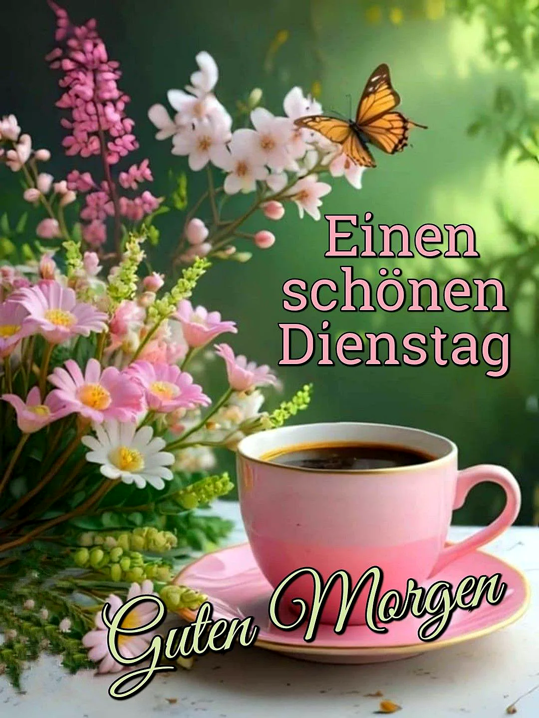 Eine pinke Kaffeetasse auf Untertasse, umgeben von einem Blumenstrauß in Rosa und Weiß. Ein Schmetterling fliegt sanft über den Blüten. Im Bild stehen die Worte "Einen schönen Dienstag" und "Guten Morgen".