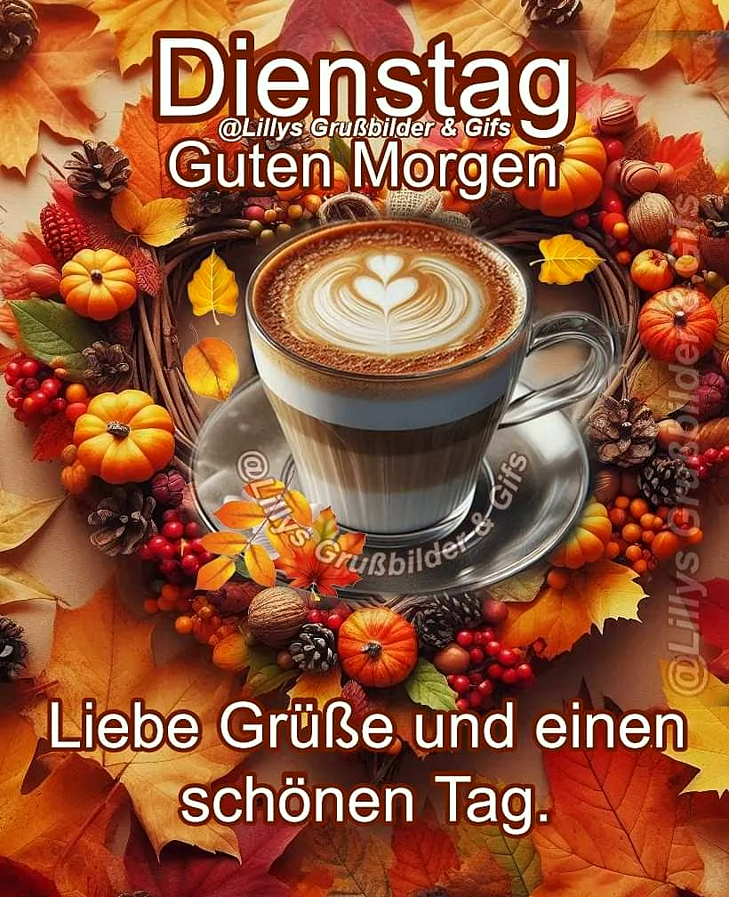 Ein herbstliches Bild mit einem Kaffee in einer Tasse, umgeben von Herbstlaub, kleinen Kürbissen, Pinienzapfen und Beeren. Der Kaffee ist mit einem Herz aus Milchschaum dekoriert.