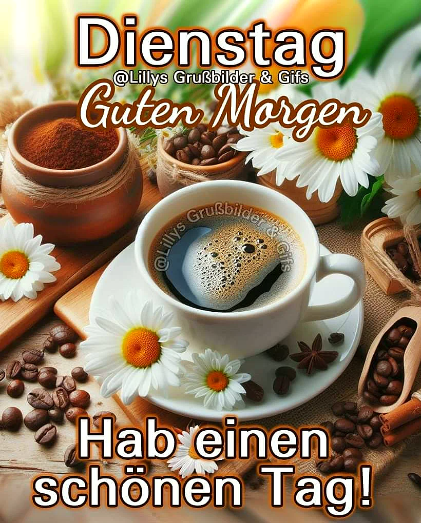 Ein weißer Kaffeebecher auf einer Untertasse, umgeben von Kaffeebohnen, weißen Blumen und einem kleinen Tonkrug mit Zimt. Der Kaffee ist frisch aufgebrüht und duftet aromatisch.