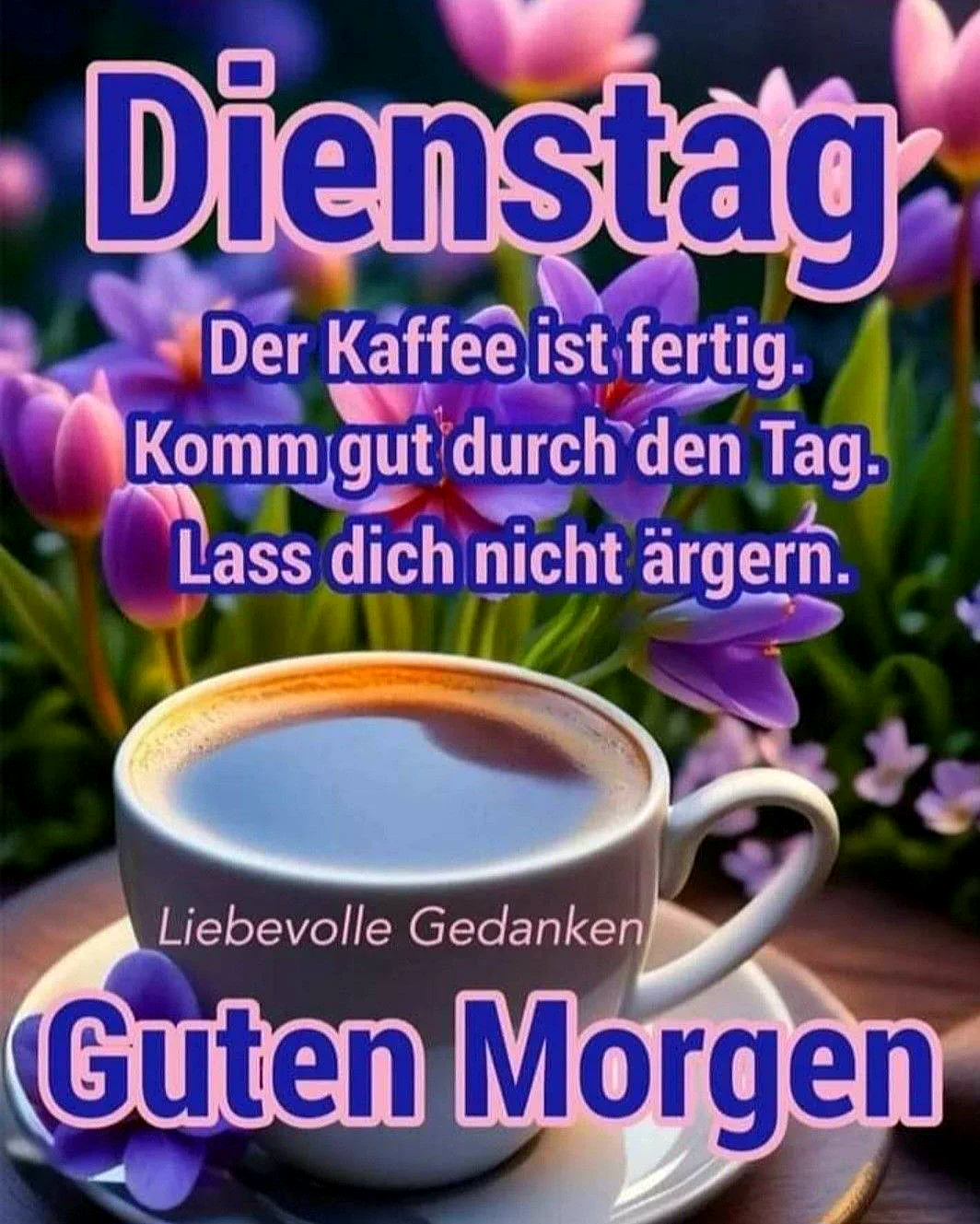 Eine Tasse Kaffee auf einem Tisch mit Blumen im Hintergrund, ein ruhiger Morgen