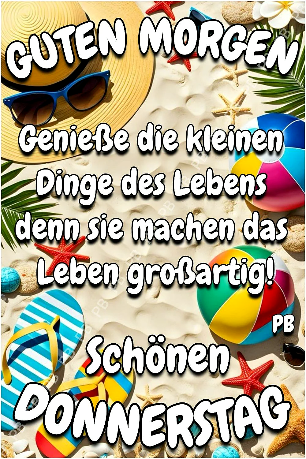 Ein lebhaftes Strandbild für den Donnerstag, mit hellem Sand, einem Strohhut, blauer Sonnenbrille, bunten Flip-Flops und roten Seesternen. Fröhliche Beachbälle verstärken die sommerliche Leichtigkeit, die perfekt die Vorfreude auf das Wochenende ausdrückt.