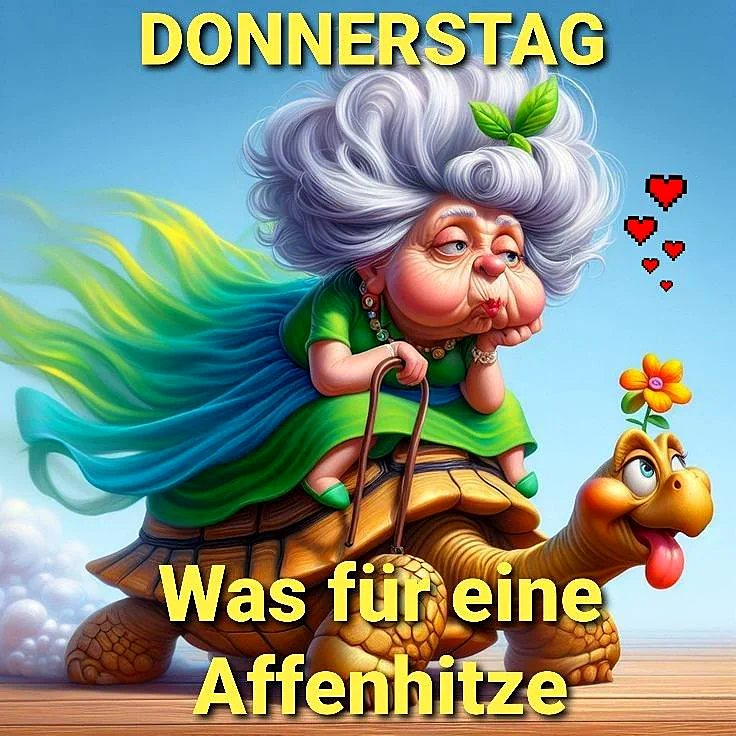 Eine karikierte alte Frau mit vollem, weißem Haar reitet gemütlich auf einer lächelnden Schildkröte. Sie blickt genervt zur Seite, während kleine Herzen aufsteigen. Ein humorvoller Donnerstag-Gruß trotz sommerlicher Hitze.
