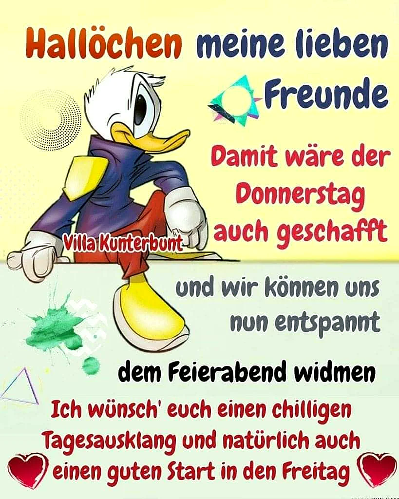 Ein Cartoon von Donald Duck in einer spielerischen Pose, vor einem gelben und grünen Hintergrund mit Texten in verschiedenen Farben.