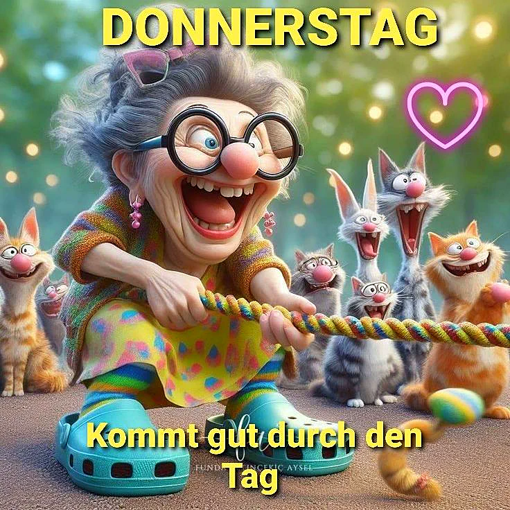 Ein cartoonartiges Bild einer älteren Dame mit lachendem Gesichtsausdruck, die von mehreren lachenden Katzen umgeben ist. Die Dame trägt eine bunte Kleidung und hält ein Seil in den Händen.