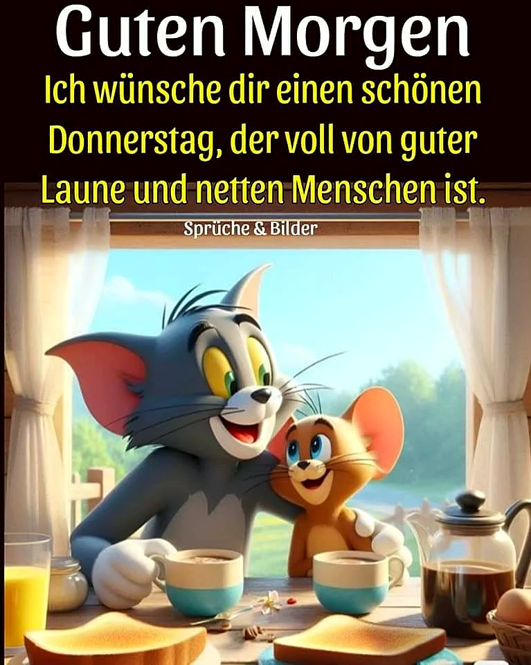 Fröhliches Tom und Jerry Cartoon-Bild am Frühstückstisch mit Tassen, Toast und Saft. Die Freunde Tom und Jerry lächeln und umarmen sich vor einem sonnigen Fenster, was eine warme und erwartungsvolle Donnerstag-Stimmung vermittelt.