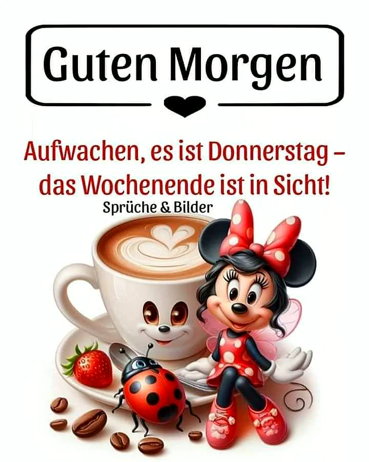 Ein Cartoon von Minnie Maus sitzt neben einer Tasse Kaffee mit einem Lächeln im Gesicht, umgeben von Kaffeebohnen, einer Erdbeere und einem Marienkäfer. Der Kaffee hat ein Herz auf seiner Oberfläche.