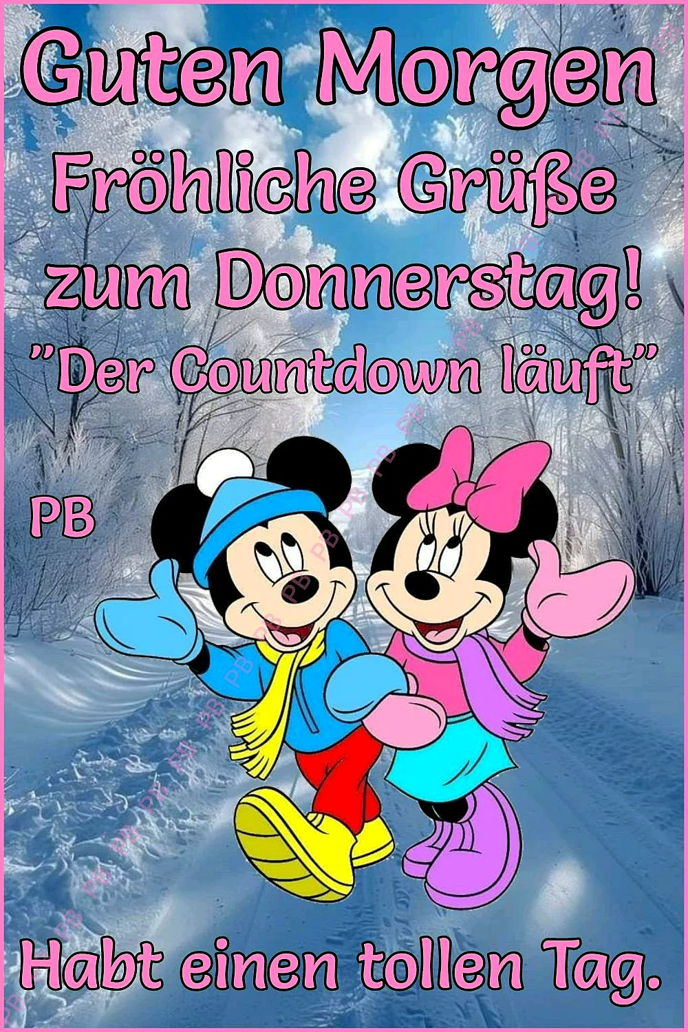 Ein Cartoon-Bild von Micky und Minnie Maus, die im Winterwald gehen, mit einem blauen Himmel und weißen Wolken im Hintergrund.