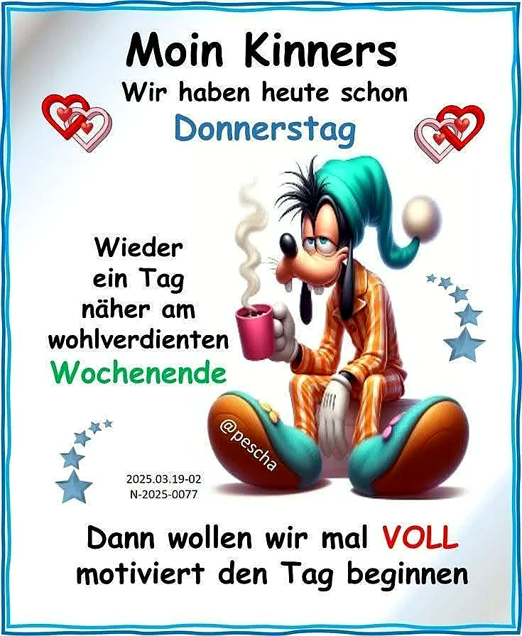 Ein Cartoon-Goofy sitzt in orangefarbenem Schlafanzug mit grünem Turban, hält eine rosa Tasse mit heißem Getränk, umgeben von blauen Sternen und roten Herzen auf weißem Hintergrund.