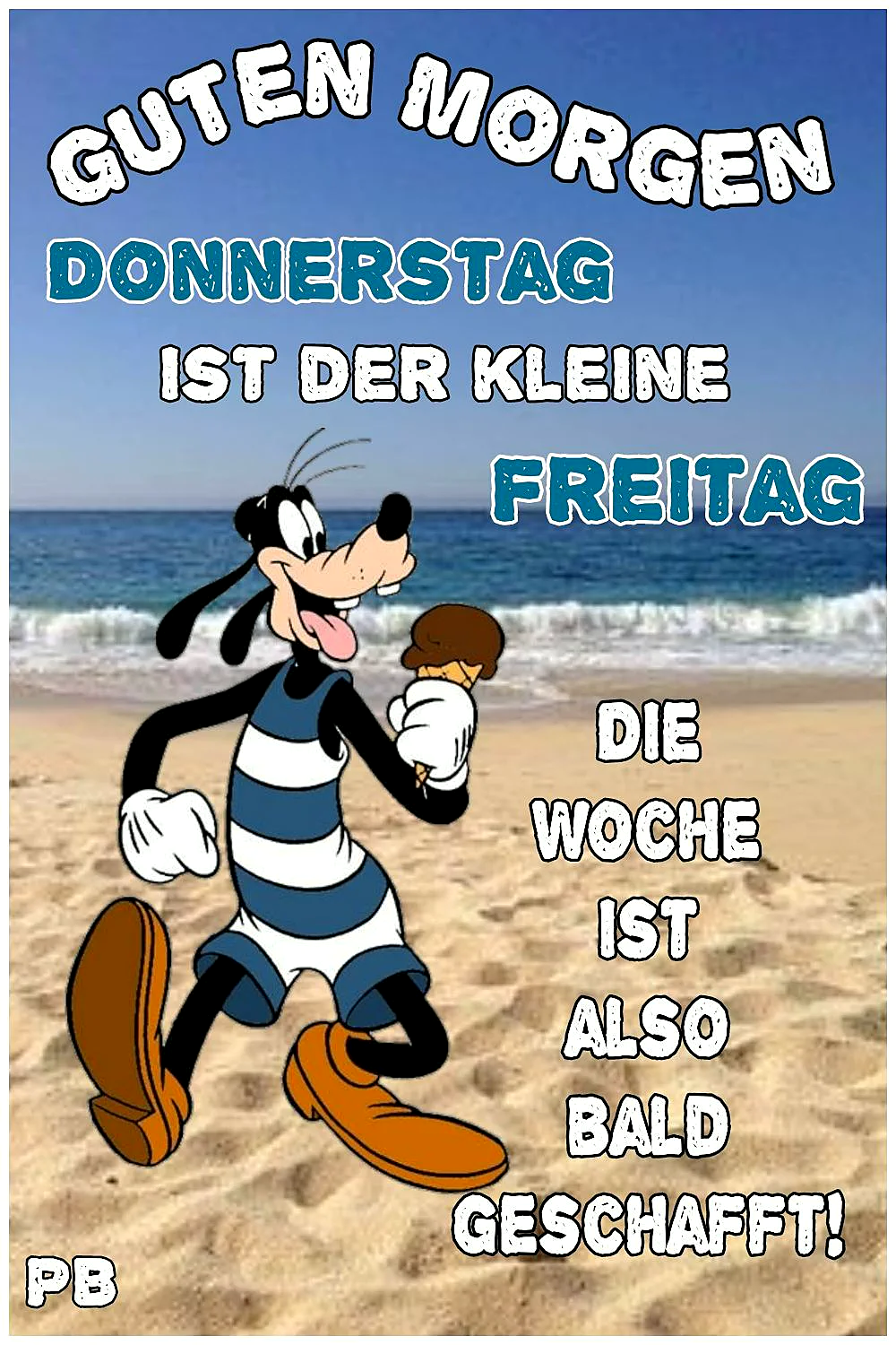 Ein Cartoon-Goofy mit einem Eis in der Hand läuft auf einem Sandstrand entlang, während im Hintergrund Wellen und ein klarer Himmel zu sehen sind.