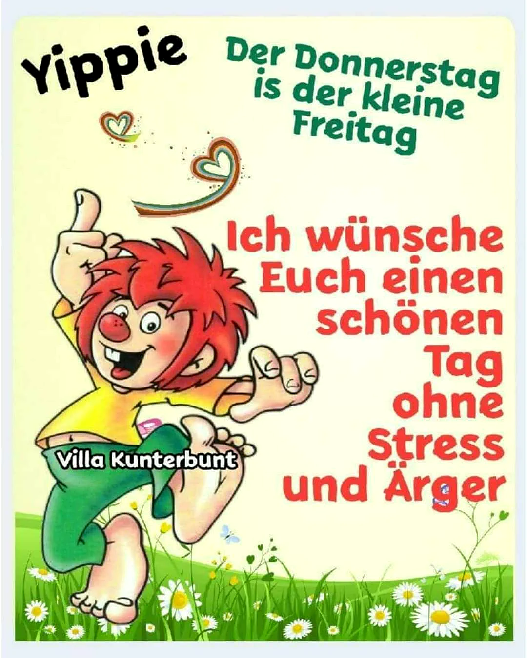 Ein Cartoon-Character mit roten Haaren und gelbem Shirt tanzt im Gras mit Blumen, ein Herz über seinem Kopf, ein strahlender Hintergrund.