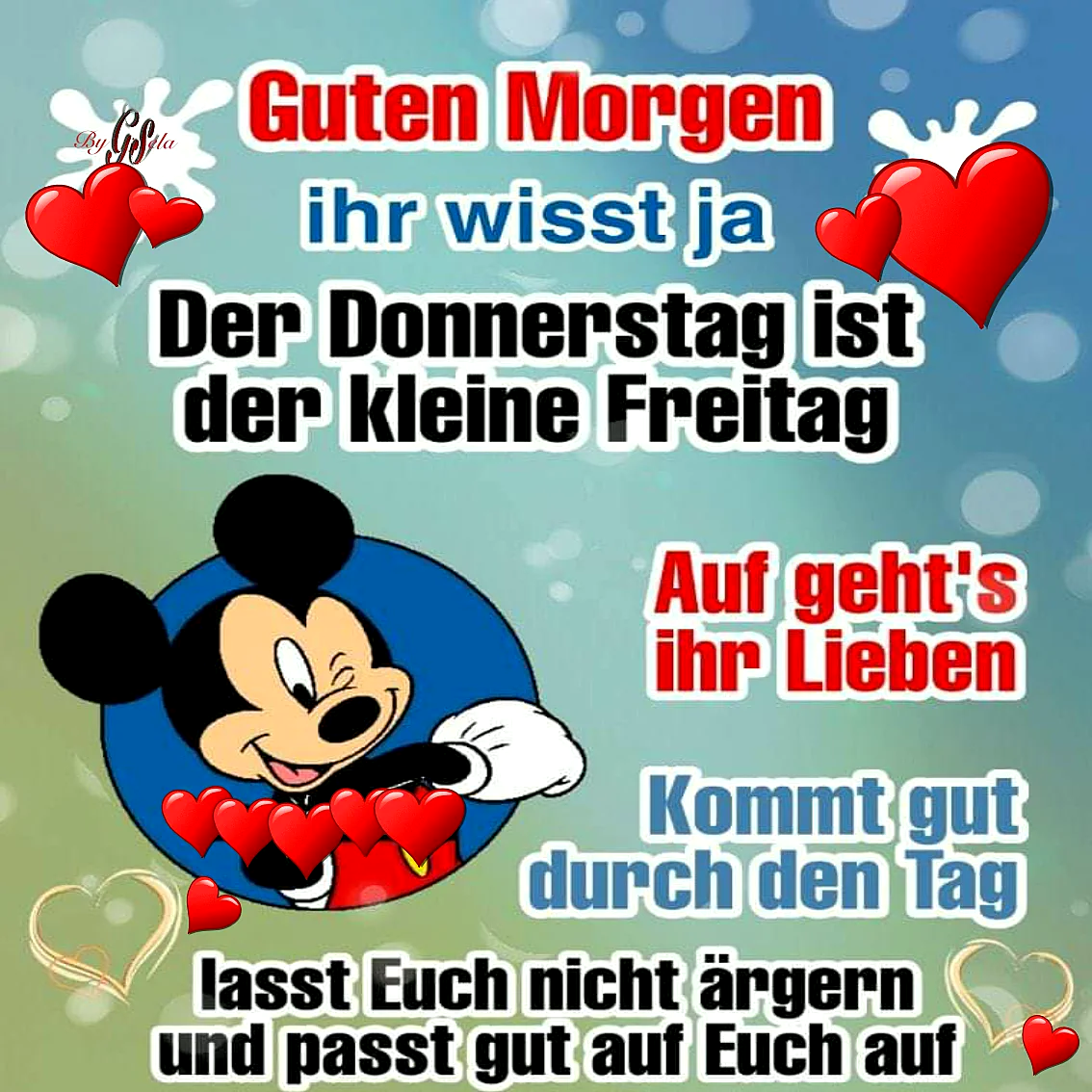 Ein farbenfrohes Bild mit Mickey Mouse, der eine Gruppe roter Herzen hält. Der Hintergrund ist ein weicher, ombre-artiger Übergang von Hellblau zu Hellgrün, mit weißen Punkten. Es gibt mehrere rote und schwarze Textelemente.