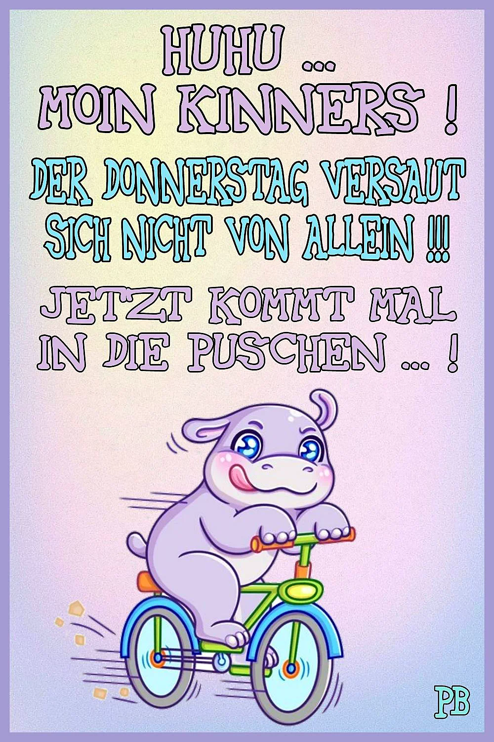 Ein cartoonartiges Schweinchen auf einem Fahrrad vor einem pastellfarbenen Hintergrund mit Texten in verschiedenen Farben.
