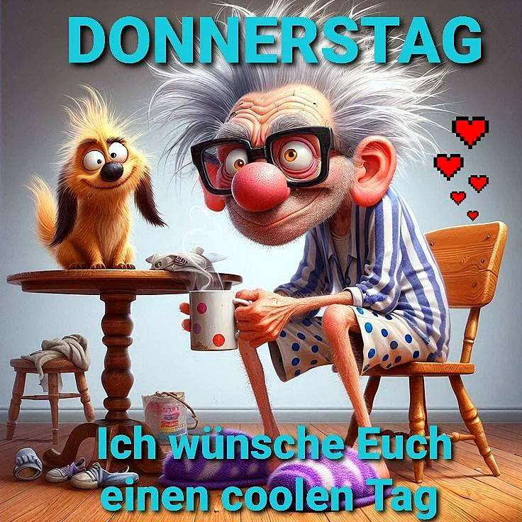 Ein Cartoon-Bild eines alten Mannes mit wildem grauem Haar und schwarzen Brillen, der auf einem Stuhl sitzt und eine Tasse Kaffee hält. Neben ihm steht ein kleiner Hund auf einem Tisch. Der Raum ist leicht verwüstet mit verstreuten Schuhen und einem umgefallenen Stuhl.