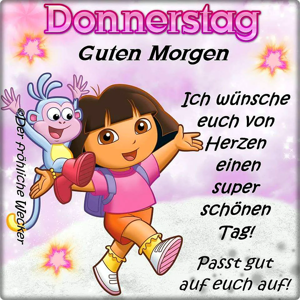Ein Cartoon-Bild von Dora und ihrem Affenfreund, die auf einem rosa-weißen Hintergrund mit Sternen und Explosionen tanzen. Dora trägt ein rosa T-Shirt, orange Shorts und einen Rucksack.