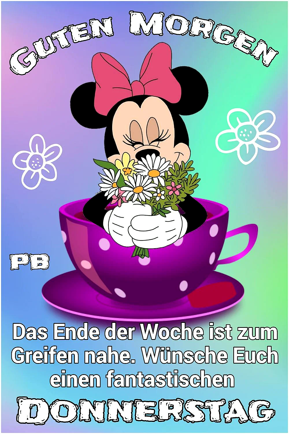 Ein Cartoon von Minnie Maus, die in einer großen Tasse mit Blumen sitzt, vor einem farbenfrohen Hintergrund mit Blumen.