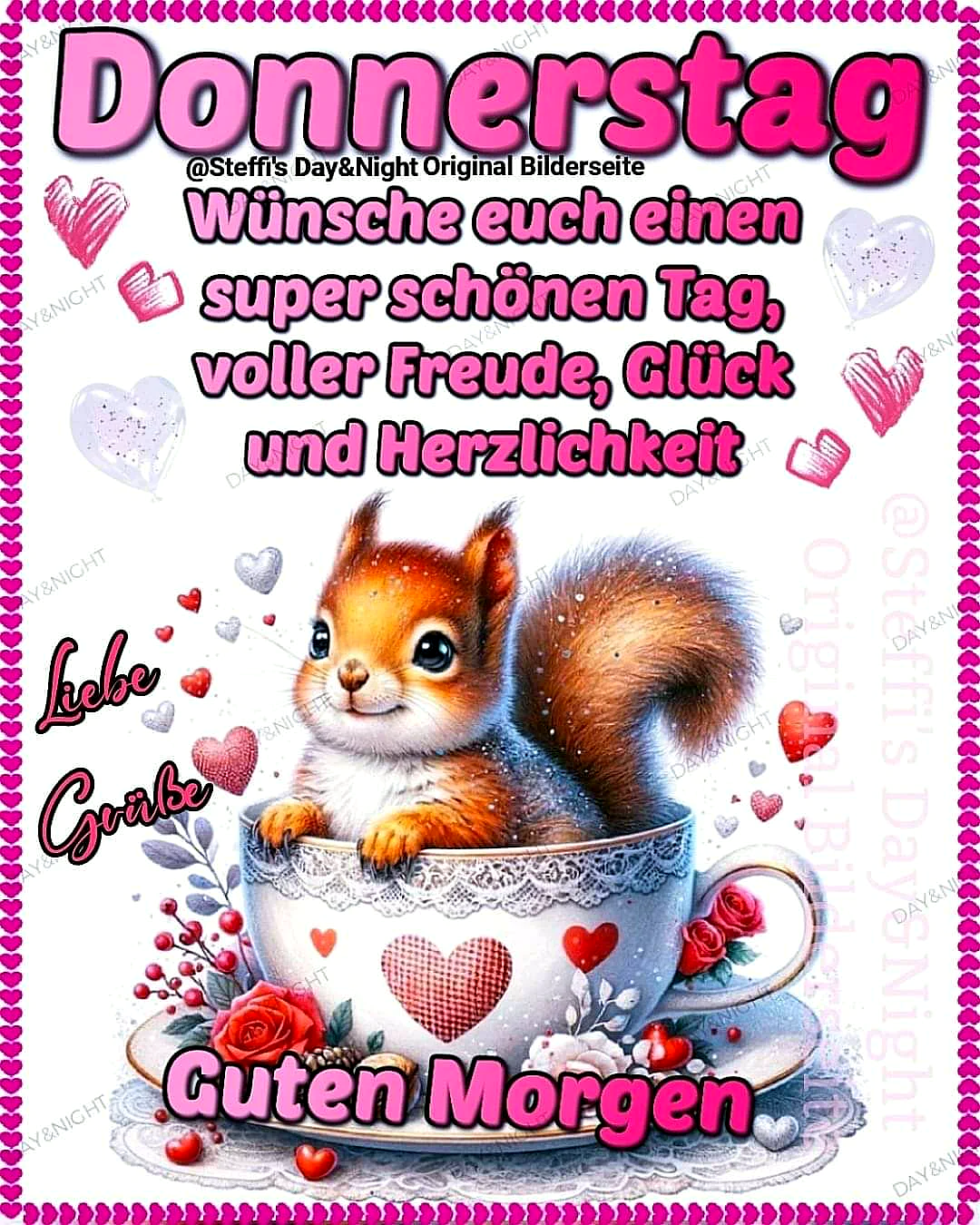 Ein niedliches Eichhörnchen sitzt in einer Tasse mit Herz und Blumen, umgeben von rosa Herzen und Blätter