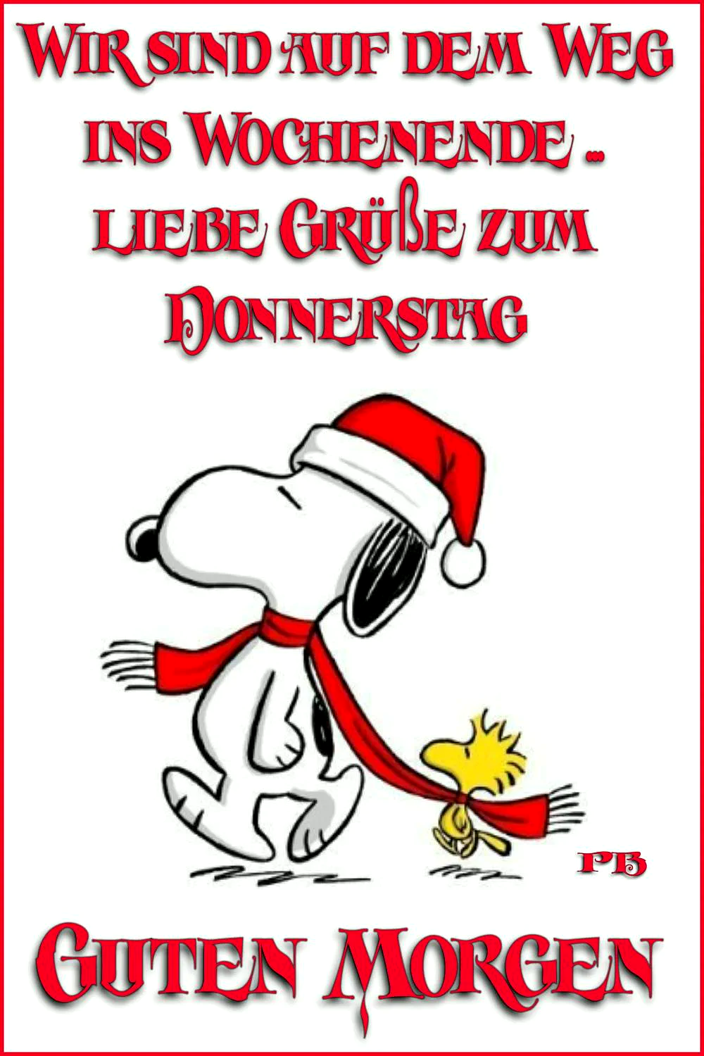 Ein Cartoon von Snoopy und Woodstock, Snoopy trägt einen roten Schal und eine Weihnachtsmütze, beide sehen freundlich aus, Hintergrund weiß