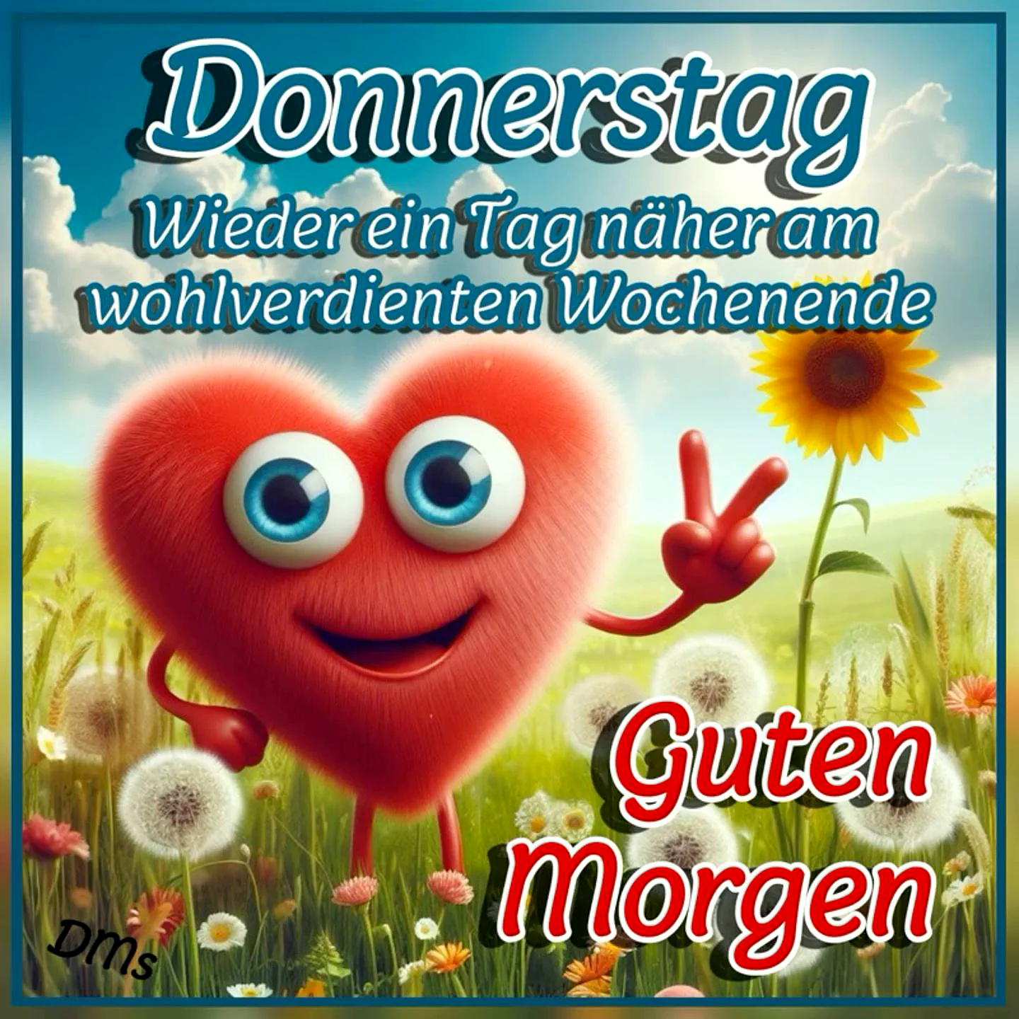 Ein rotes Herz mit großen blauen Augen und einem Lächeln steht in einer Wiese mit Blumen und Löwenzahn. Es hält eine Peace-Geste hoch. Der Himmel ist blau mit weißen Wolken.
