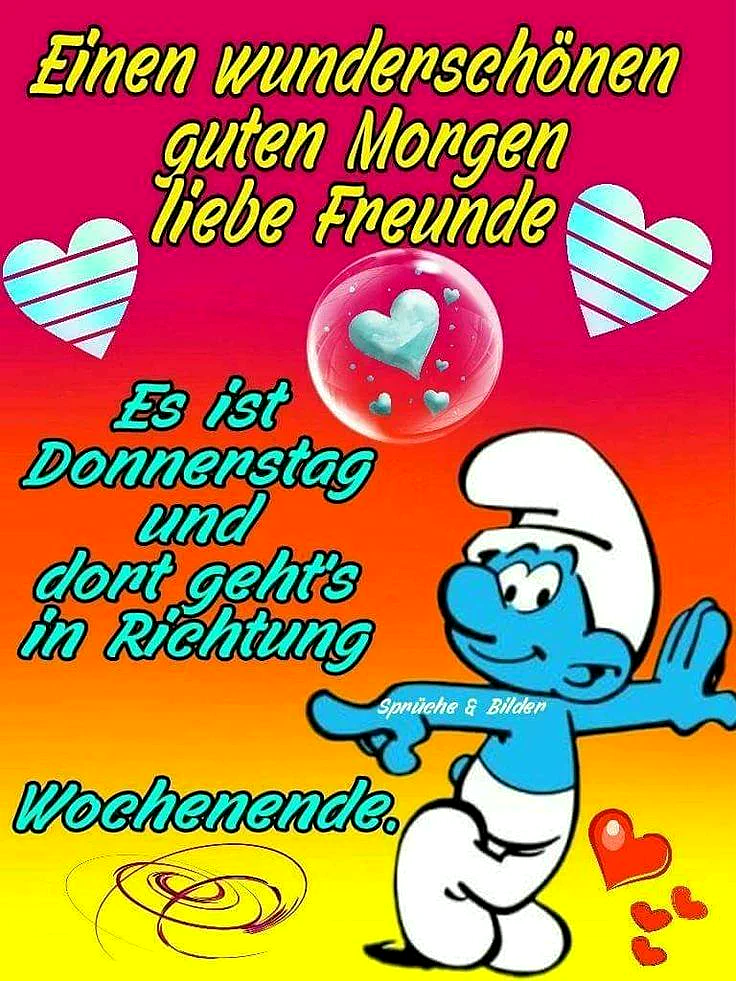 Ein farbenfrohes Bild mit einem Smurf, der sich freut. Im Hintergrund ein regenbogenfarbener Gradient von Rosa zu Gelb. Der Smurf ist blau mit einem weißen Hut und hält eine Hand hoch. Es gibt mehrere Herzen in verschiedenen Farben.