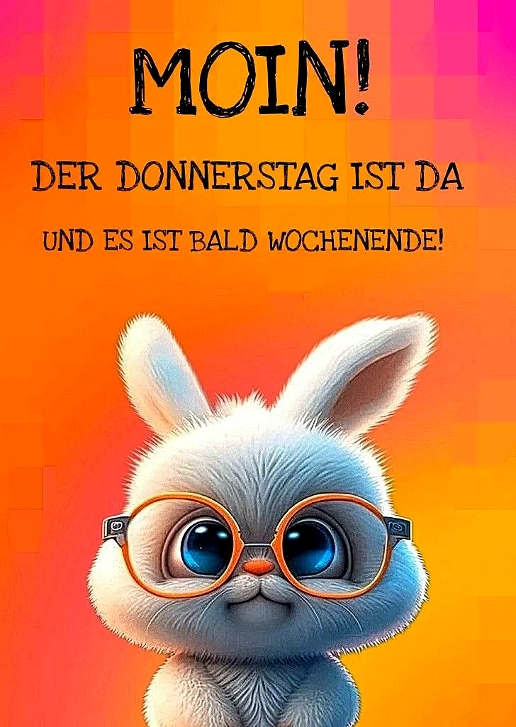 Ein Cartoon-Hase mit großen blauen Augen und orangefarbenen Brillengestellen vor einem orangefarbenen Hintergrund mit pinken Akzenten.