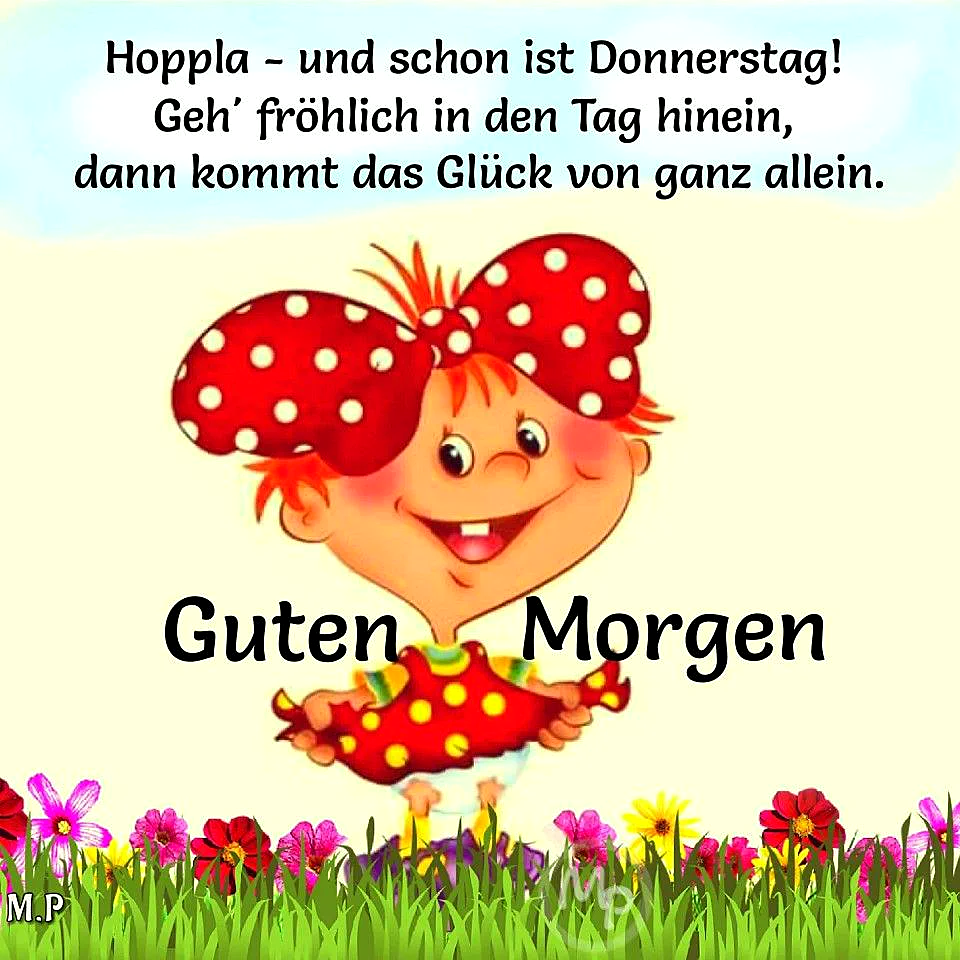 Ein Cartoon-Mädchen mit roten Haaren und einem roten Hut mit weißen Punkten springt fröhlich durch eine Blumenwiese, umgeben von farbenfrohen Blumen und Gras. Der Himmel ist hellblau.
