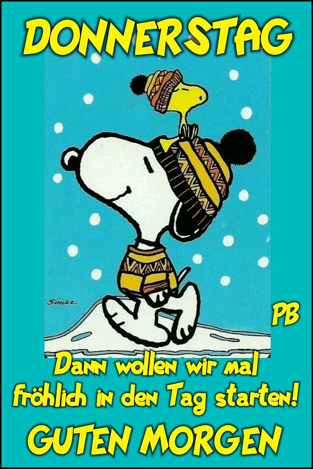 Ein Cartoon von Snoopy, der auf einem Schneehügel sitzt und eine Mütze trägt, vor einem blauen Hintergrund mit Schneeflocken.