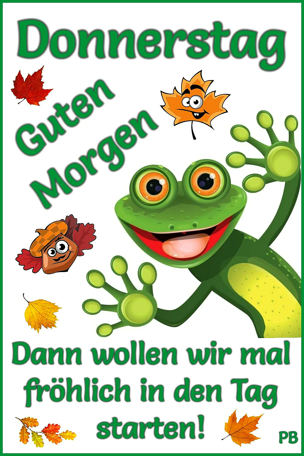 Ein grüner Frosch mit großen Augen winkt freundlich, umgeben von Herbstblättern und einem Acorn-Männchen. Der Hintergrund ist weiß mit grünem Rahmen.
