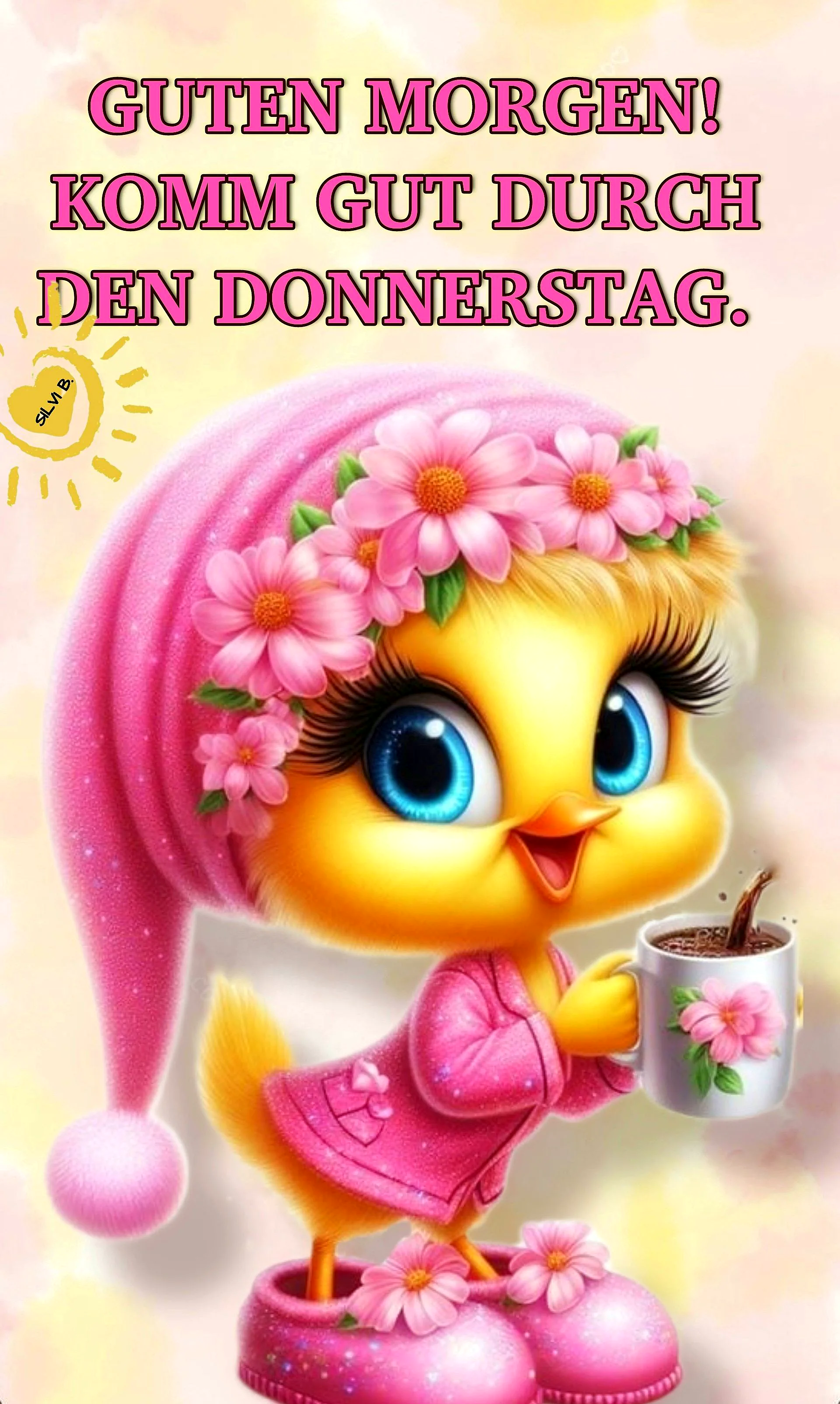 Ein Cartoon-Tweety-Vogel in rosa Schlafanzug und mit Blumen im Haar hält eine Kaffeetasse.