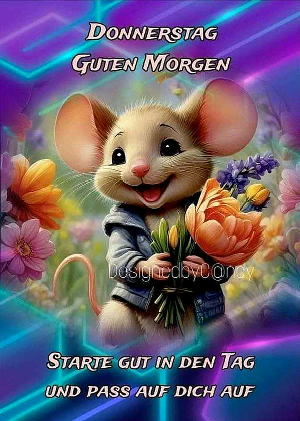 Ein niedliches Maus-Motiv in farbenfrohen Blumen, das einen sonnigen Donnerstagmorgen symbolisiert. Die Maus hält Blumen in der Hand und lächelt.
